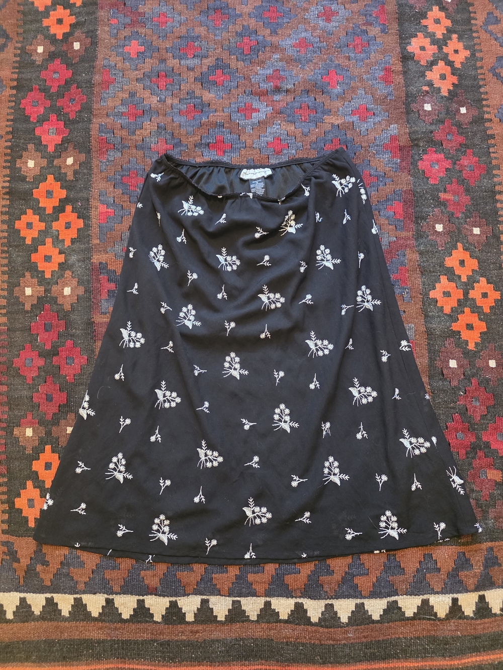 Black A-Line Skirt with White Floral Embroidery